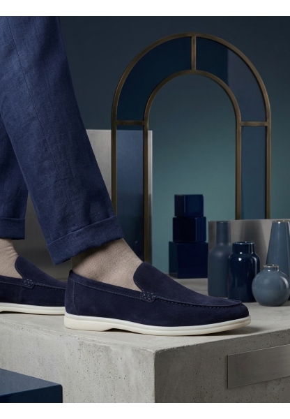BA0252 %100 İçi Dışı Hakiki Deri Erkek Lacivert Süet Casual Loafer Termo Taban Ayakkabı