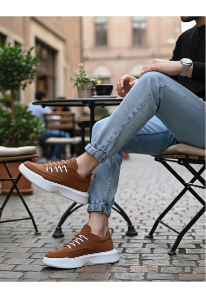 BA0332 Merdiven Desen Bağcıklı Erkek Yüksek Taban Taba Süet Beyaz Taban Spor Ayakkabı