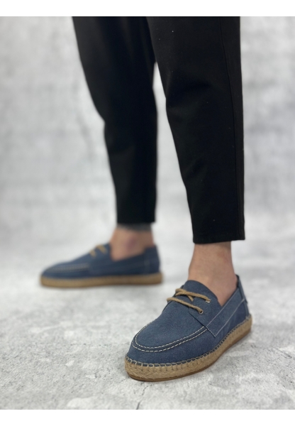 BA0358 BOA Doğal Deri Tozu Bağcıklı Kauçuk El Yapımı Espadril Taban Mavi Renk Erkek Ayakkabı