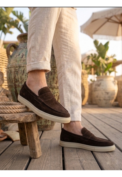 BA0251 %100 İçi Dışı Hakiki Deri Erkek Kahverengi Süet Casual Loafer Kauçuk Rahat Taban Dikişli Ayakkabı