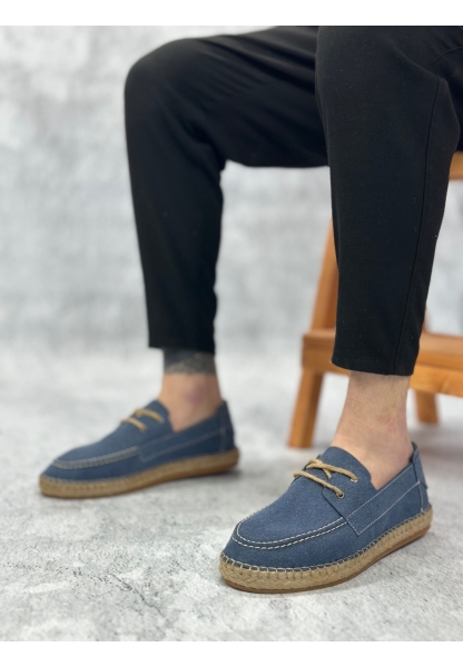 BA0358 BOA Doğal Deri Tozu Bağcıklı Kauçuk El Yapımı Espadril Taban Mavi Renk Erkek Ayakkabı