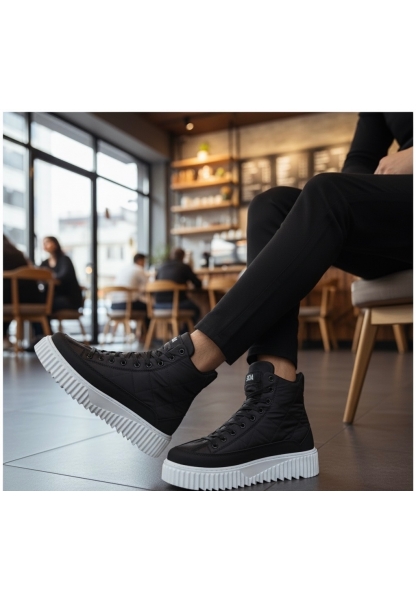 BA0811 BOA Yüksek Beyaz Taban Siyah Paraşüt Kumaş Cilt Detaylı Yarım Bilek Spor Bot 