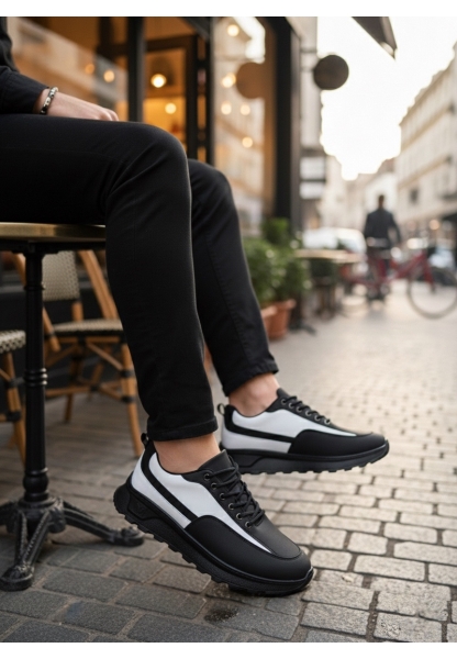 BA0246 Siyah Beyaz Parçalı Bağcıklı Yüksek Taban Günlük Erkek Ayakkabı