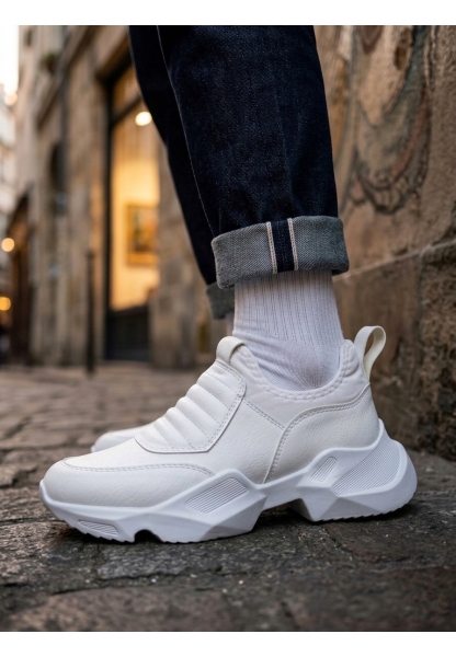 BA0402 Bağcıksız Rahat Yüksek Taban Beyaz Erkek Spor Yarım Bilek Bot