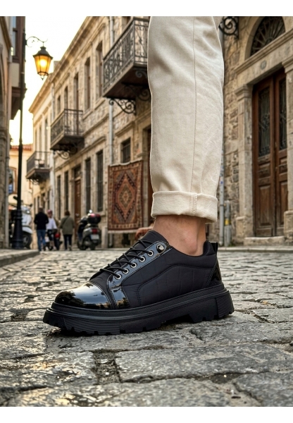 BA0245 Siyah Rugan Paraşüt Detaylı Akıllı Lastik Bağcık Yüksek Taban Günlük Erkek Ayakkabı