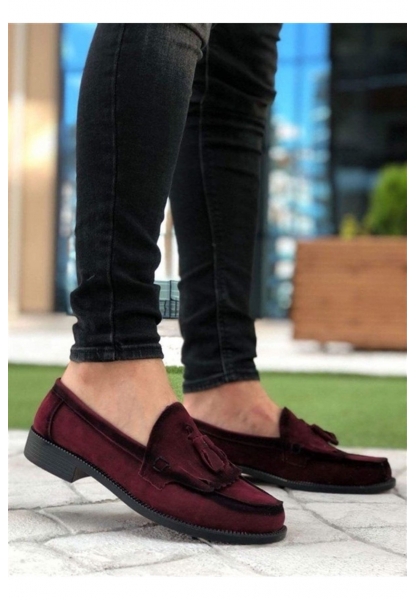 BA0062 Püsküllü Corcik Süet Bordo Klasik Erkek Kadın Unisex Ayakkabısı