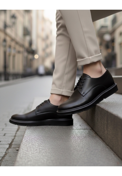 BA0003 Bağcıklı Klasik Siyah Yüksek Siyah Taban Casual Erkek Ayakkabı