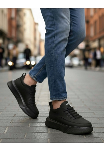 BA0332 Merdiven Desen Bağcıklı Erkek Yüksek Taban Siyah Cilt Siyah Taban Spor Ayakkabı