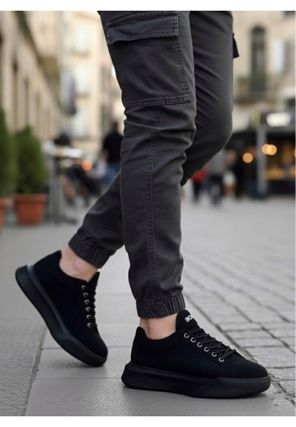 BA0161 Bağcıklı Erkek Yüksek Taban Siyah Spor Ayakkabı