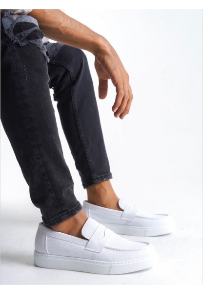 BA0580 Bağcıksız Kuşaklı Yüksek Taban Beyaz Cilt Erkek Ayakkabı