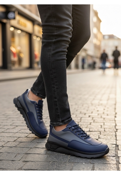 BA0246 Lacivert Gri Parçalı Bağcıklı Yüksek Taban Günlük Erkek Ayakkabı