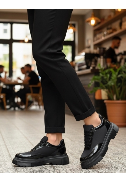 BA0243 Bağcıklı Rugan Paraşüt Detaylı Yüksek Siyah Taban Erkek Ayakkabı