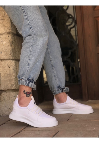 BA0204 Erkek Beyaz Bağcıklı Yüksek Taban Tarz Spor Ayakkabı