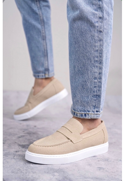 BA0580 Bağcıksız Kuşaklı Yüksek Taban Krem Süet Erkek Ayakkabı