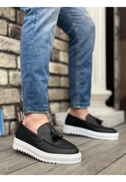 BA0154  Bağcıksız Yüksek Taban Cilt Siyah Renk Beyaz Taban Püsküllü Erkek Ayakkabı