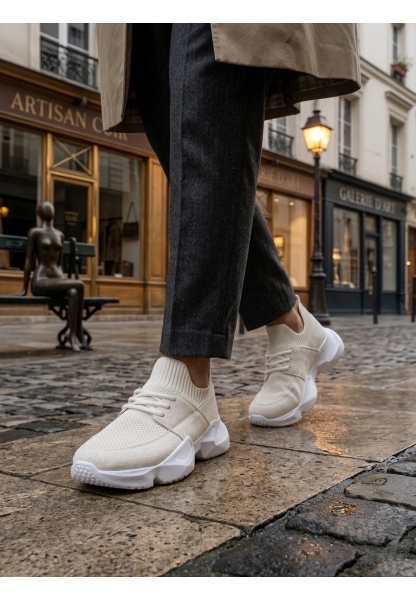 403 Yumuşak Triko Dokulu Yüksek Taban Beyaz Spor Ayakkabı 