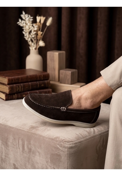 BA0252 %100 İçi Dışı Hakiki Deri Erkek Kahverengi Süet Casual Loafer Termo Taban Ayakkabı