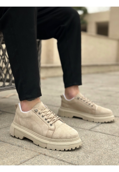 BA0245 Krem Süet Akıllı Lastik Bağcık Yüksek Taban Günlük Erkek Ayakkabı