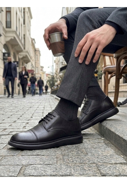 BA0003 Siyah Kapaklı Burun Bağcıklı Erkek Oxford Ayakkabı