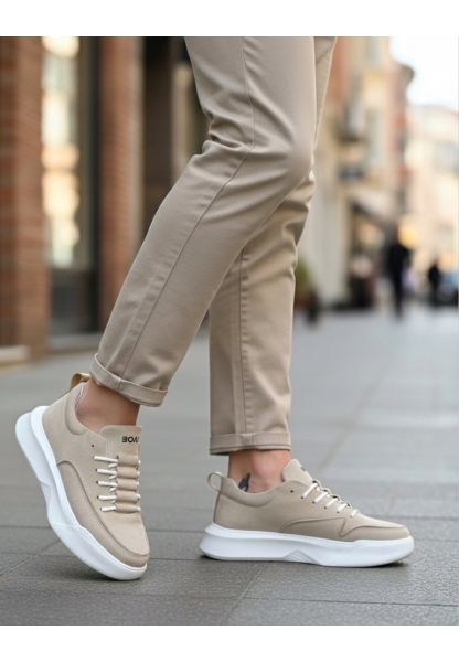 BA0332 Merdiven Desen Bağcıklı Erkek Yüksek Taban Krem Süet Spor Ayakkabı