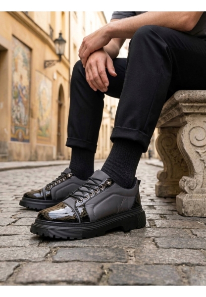 BA0245 Gri Rugan Paraşüt Detaylı Akıllı Lastik Bağcık Yüksek Taban Günlük Erkek Ayakkabı