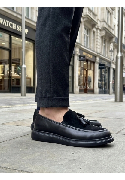 BA0005 Yeni Sezon Kalın Tabanlı Siyah Süet Makosen Ayakkabı