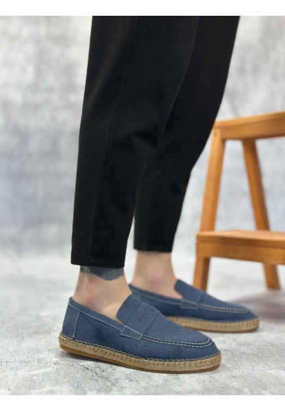 BA0359 BOA Doğal Deri Tozu Bağcıksız Kauçuk El Yapımı Espadril Taban Mavi Renk Erkek Ayakkabı