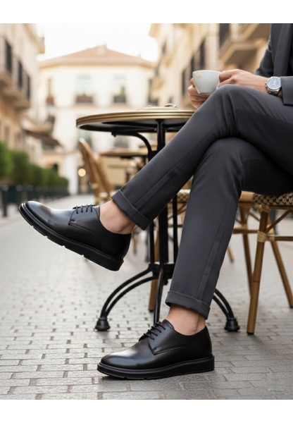 BA0003 Bağcıklı Klasik Siyah Yüksek Siyah Taban Casual Erkek Ayakkabı