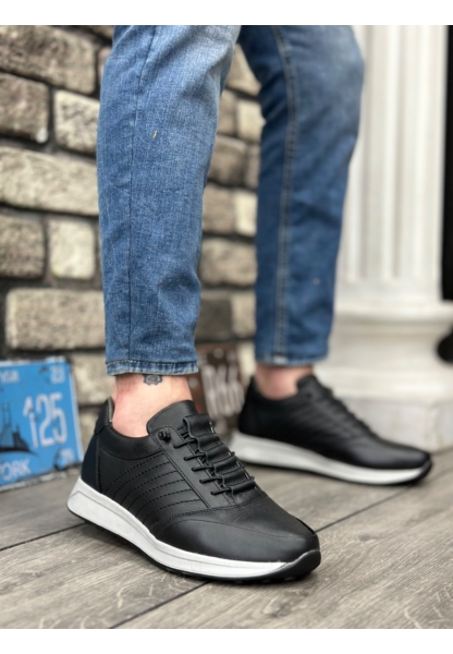 BA0325 İçi Dışı Hakiki Deri Gizli Bağcık Rahat Taban Siyah Sneakers Casual Erkek Ayakkabı