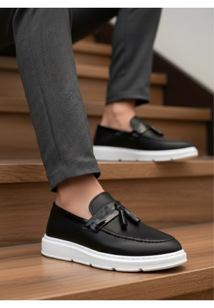 BA0005 Bağcıksız Yüksek Taban Klasik Püsküllü Corcik Erkek Ayakkabı Siyah Beyaz