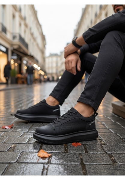 BA0548 BOA Kalın Yüksek Siyah Taban Siyah Bağcıklı Spor Erkek Ayakkabı