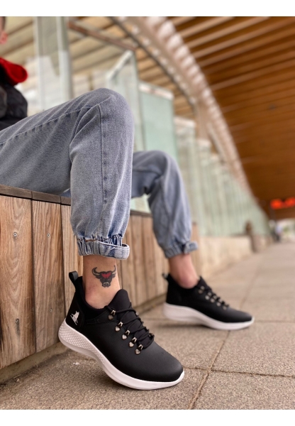 BA0601 Bağcıklı Rahat Yüksek Taban Siyah Beyaz Casual Erkek Spor Ayakkabı