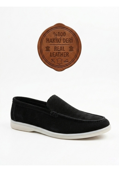 BA0252 %100 İçi Dışı Hakiki Deri Erkek Siyah Süet Casual Loafer Termo Taban Ayakkabı