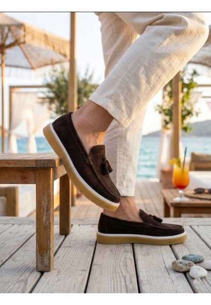 BA0250 %100 İçi Dışı Hakiki Deri Erkek Kahverengi Süet Casual Loafer Püskül Detaylı Kauçuk Rahat Taban Dikişli Ayakkabı