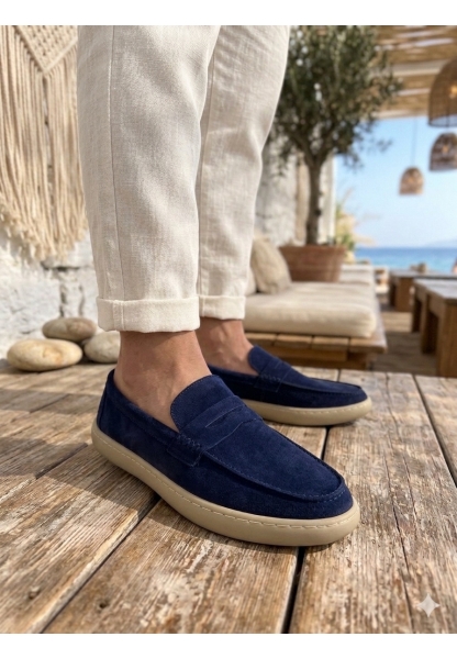 BA0251 %100 İçi Dışı Hakiki Deri Erkek Lacivert Süet Casual Loafer Kauçuk Rahat Taban Dikişli Ayakkabı