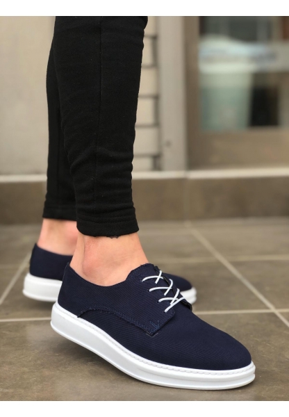 BA0003 Bağcıklı Klasik Spor Keten Lacivert Beyaz Yüksek Taban Casual Erkek Ayakkabı
