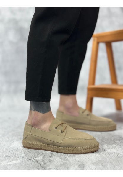 BA0358 BOA Doğal Deri Tozu Bağcıklı Kauçuk El Yapımı Espadril Taban Bej Renk Erkek Ayakkabı