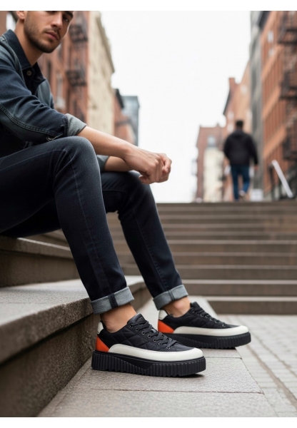 BA0801 BOA Yüksek Taban Siyah Paraşüt Kumaş Turuncu Cilt Detaylı Erkek Ayakkabı