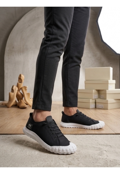 BA0248 BOA Siyah Beyaz Taban Esnek Bağcıklı Ultra Hafif Nefes Alan Sneaker Ayakkabı