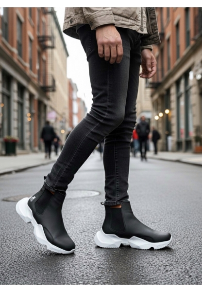 BA0444 Bağcıksız Rahat Yüksek Taban Siyah Beyaz Taban Erkek Spor Yarım Bilek Bot