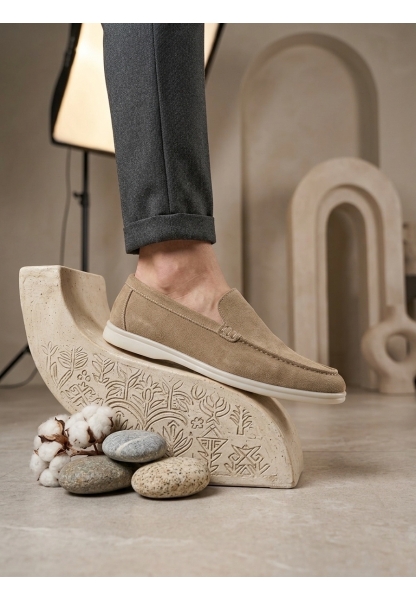 BA0252 %100 İçi Dışı Hakiki Deri Erkek Krem Süet Casual Loafer Termo Taban Ayakkabı