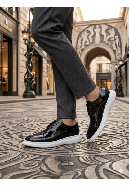 BA0003 Siyah Kapaklı Burun Bağcıklı Rugan Beyaz Taban Erkek Oxford Ayakkabı