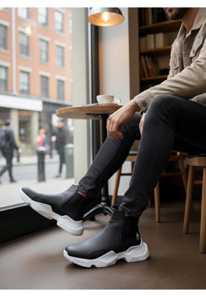 BA0444 Bağcıksız Rahat Yüksek Taban Siyah Beyaz Taban Erkek Spor Yarım Bilek Bot