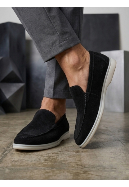 BA0252 %100 İçi Dışı Hakiki Deri Erkek Siyah Süet Casual Loafer Termo Taban Ayakkabı