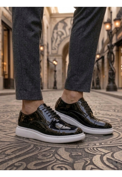 BA0003 Siyah Kapaklı Burun Bağcıklı Rugan Beyaz Taban Erkek Oxford Ayakkabı