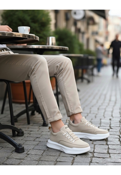 BA0332 Merdiven Desen Bağcıklı Erkek Yüksek Taban Krem Süet Spor Ayakkabı