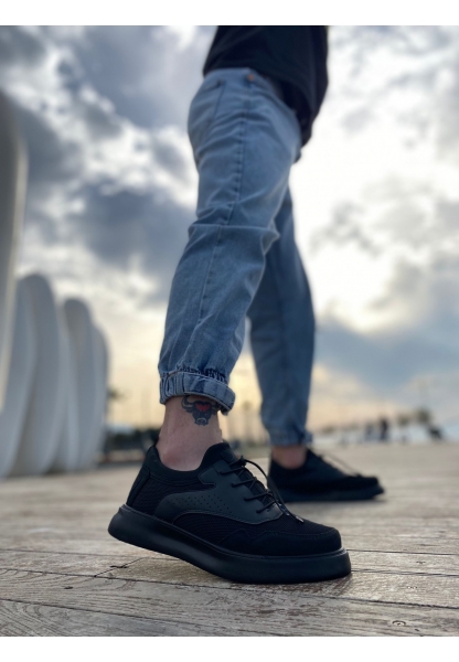 BA0199 Erkek Siyah Bağcık Lastikli Yüksek Taban Tarz Spor Ayakkabı