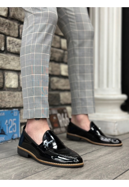 BA0009 Rugan Püsküllü Corcik Siyah V Fashıon Tokalı Klasik Erkek Ayakkabısı