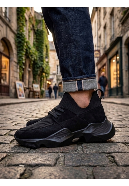 403 Yumuşak Triko Dokulu Yüksek Taban Siyah Spor Ayakkabı 