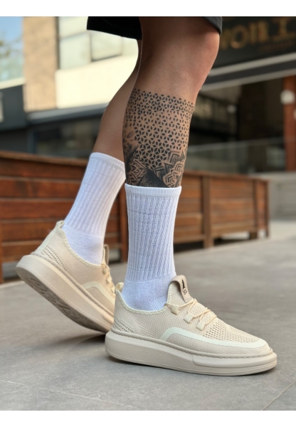 BA0375 Özel Örme Triko Tarz Krem Renk Spor Ayakkabı 